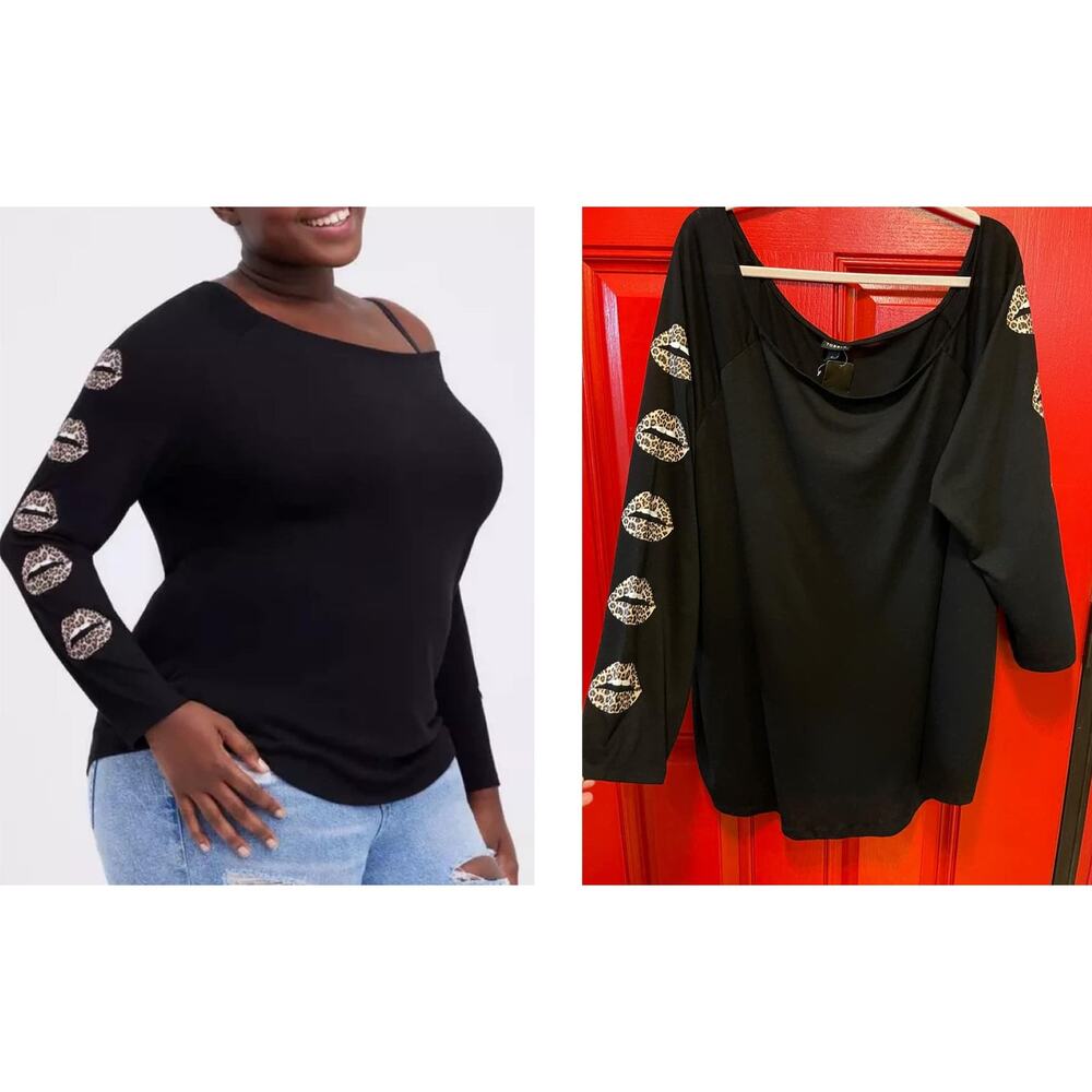Torrid 6 (6X 30) Sexy Off Shoulder Long Sleeve Leopard Lips‎ Kisses Slub T Shirt